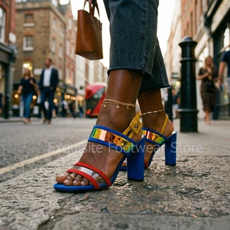 Fashion Colorblock Block Heel Sandals Women Metallic Mirror Band Patchwork Open Toe Summer Sexy Chic Party Dress Footwear Cool