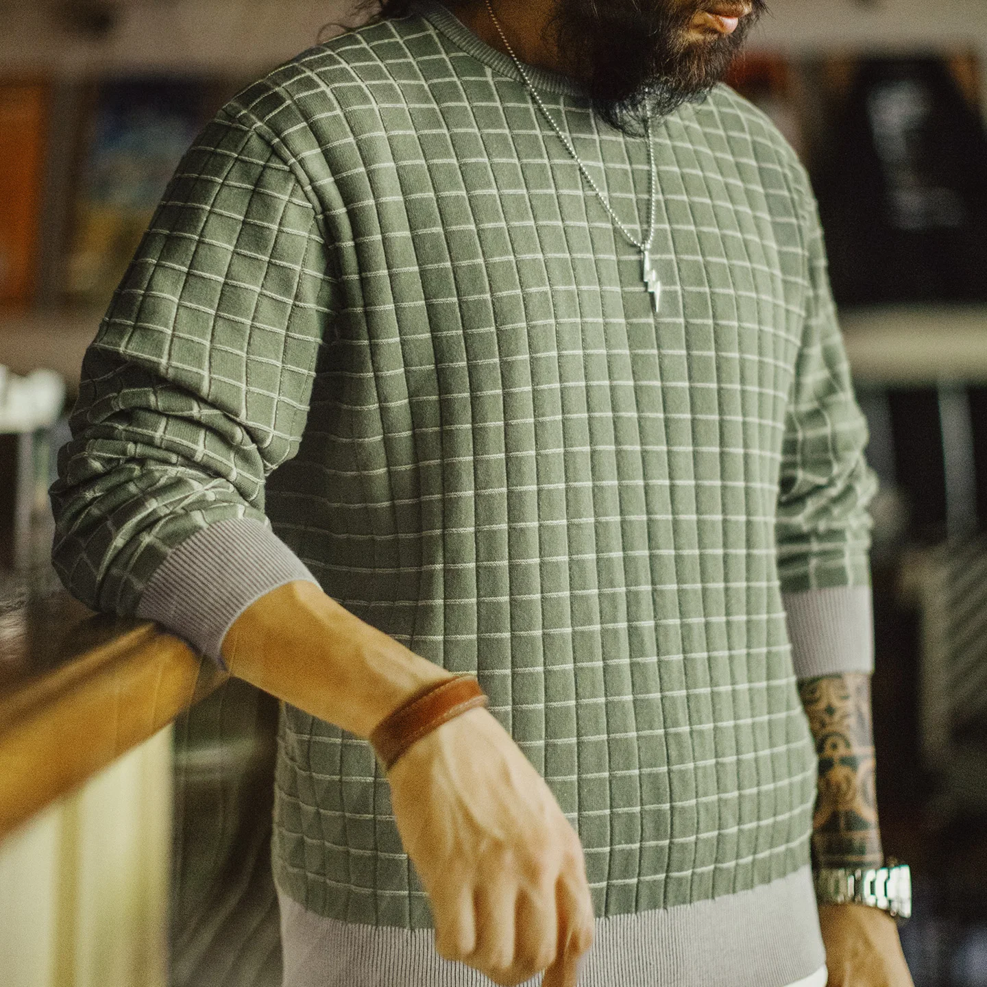 Maden Men's Plaid Sweatshirt Green Retro Pullover Crewneck For Spring Fall Regular Fit Winter Layer Daily Wear Outfit