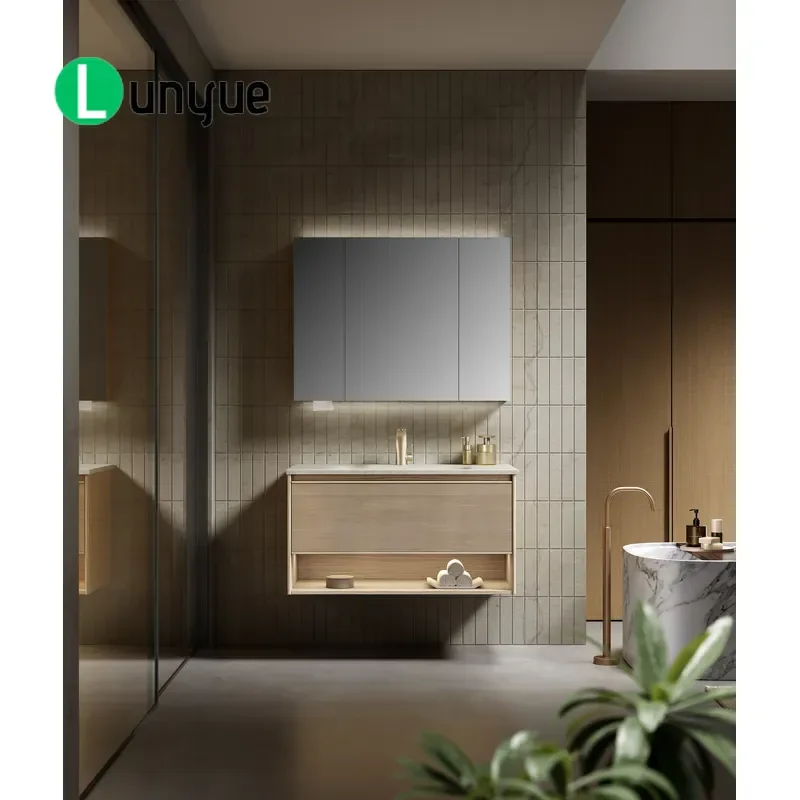 Modern Simple MDF Waterproof Bathroom Cabinet with Stone Basin LED Mirror Eco Friendly Multi Functional Vanity for Hotel Home