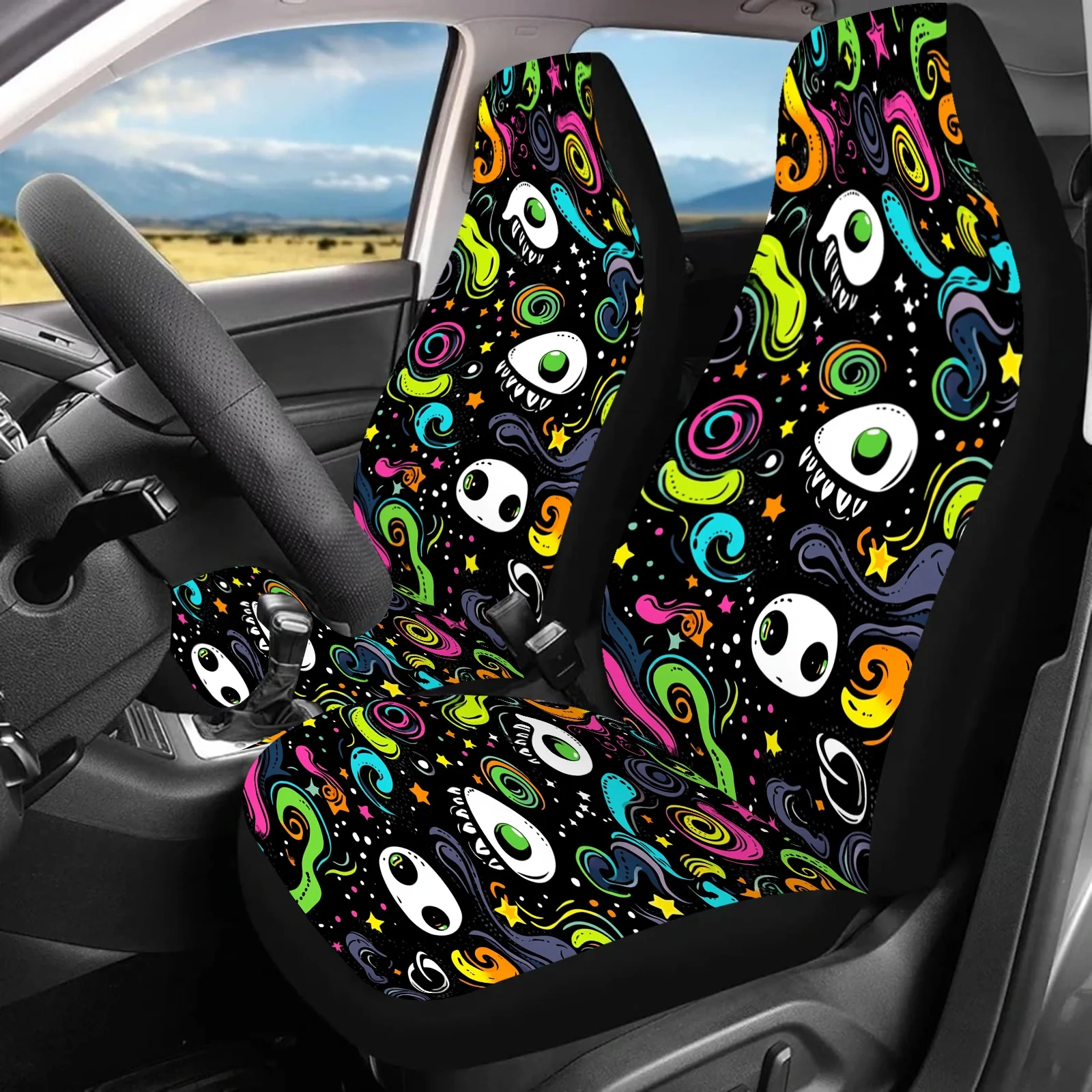 2pcs Colorful Skull Art Print Car Seat Covers - Vibrant Psychedelic Design, Universal Fit For Cars, SUVs, Sedans, Trucks - Durab