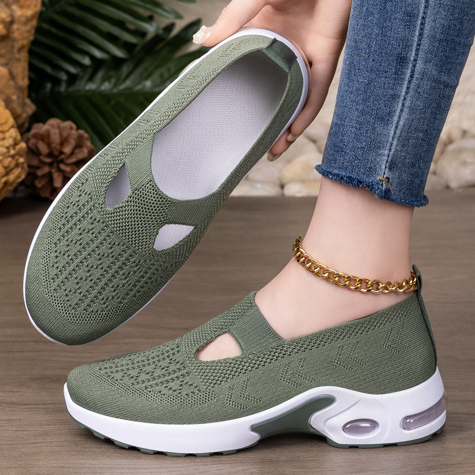 

Women's Breathable Knit Slip-On Shoes, Air Cushion Thick Sole Comfort Casual Sneakers, Lightweight Non-slip Footwear Daily Wear