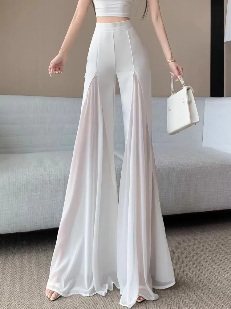 White Big Bell Pants 2026 New Summer Ice Silk Mesh Stitching Thin Wide-leg Slacks Women's Thin Slim Fashion Y2k Chiffon Trousers