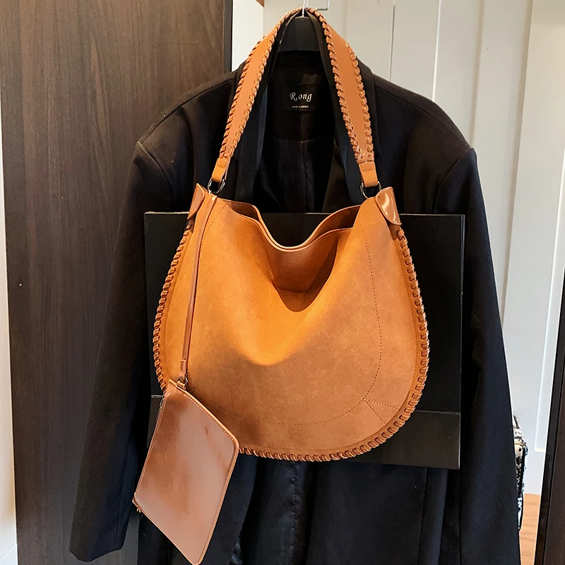 

2025 Autumn Winter Female Commute Shoulder Bag With Coin Purse Retro Suede Leather Handbag Fashion Lady Clutch Bag Big Totes