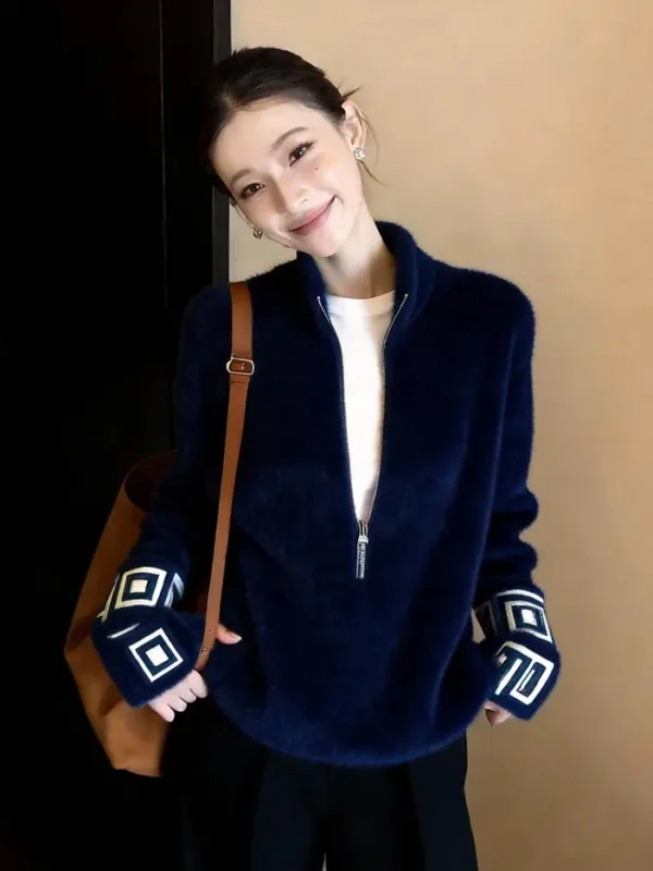 

Женский вязаный свитер свободного кроя на молнии, новинка весны, в стиле ретро, из полиэфирного волокна, с длинными рукавами и воротником-стойкой