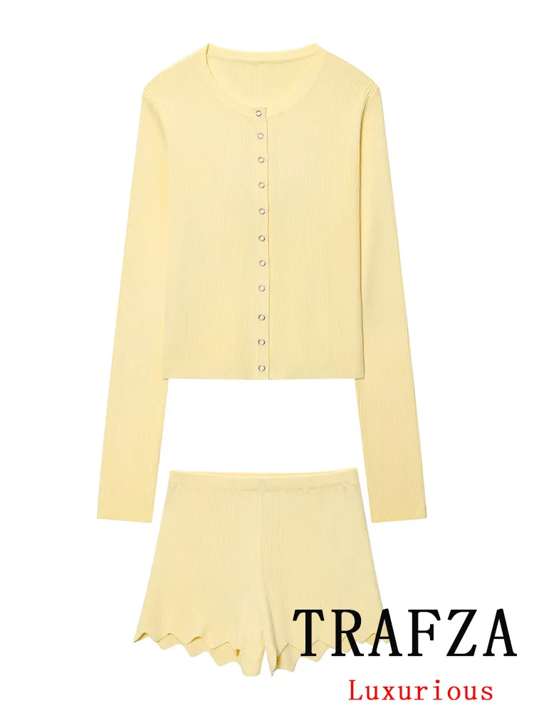 

TRAFZA Casual Women Yellow Solid Knitted Suit O-Neck Long Sleeve Single Breasted Top Slim Shorts New Fashion 2025 Female Set