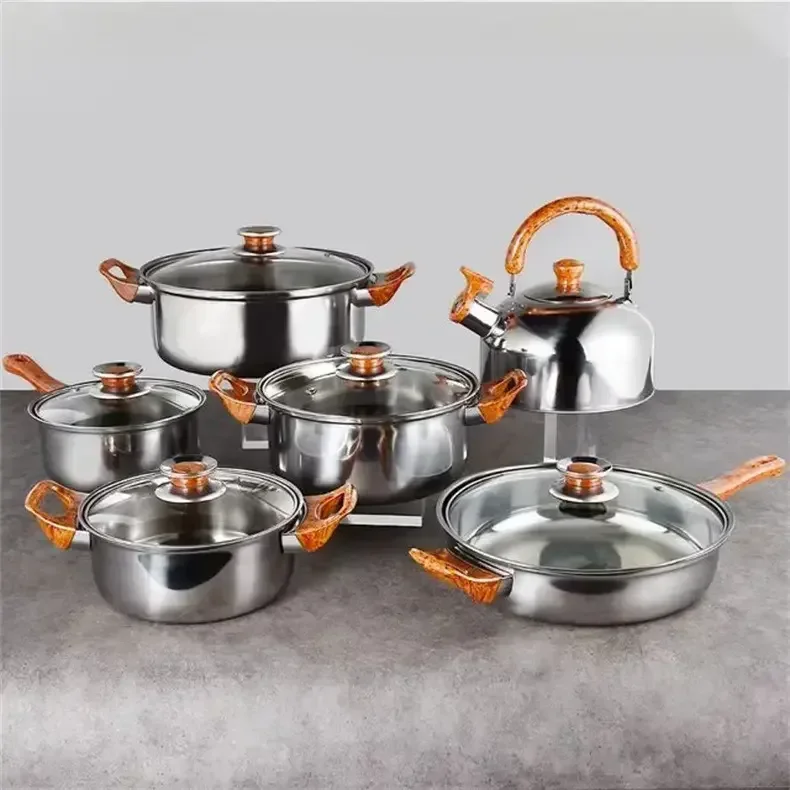 12 pieces stainless steel cookware set, water kettle, milk soup pot, pot set, non stick household kitchen cookware set