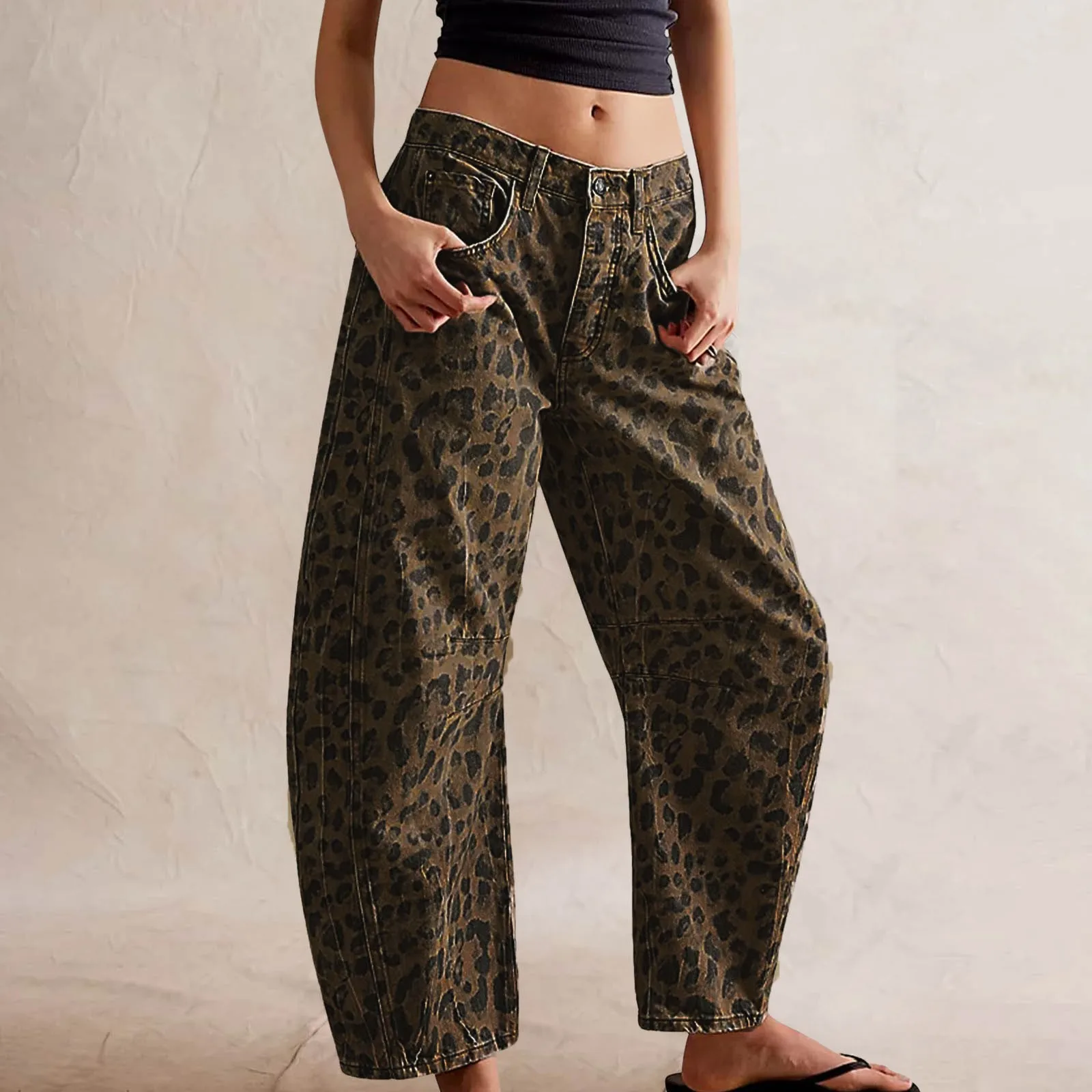 Women's Tube Shaped Jeans With Leopard Print Print On The Middle Tube Denim Ankle Long Pants Retro Loose Fitting Casual Jeans