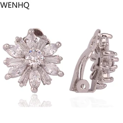 WENHQ New Arrival Clip on Earrings No Pierced Women's Party Wedding Luxury AAA Cubic Zircon Flower Shape Cuff Earrings Ear Clip