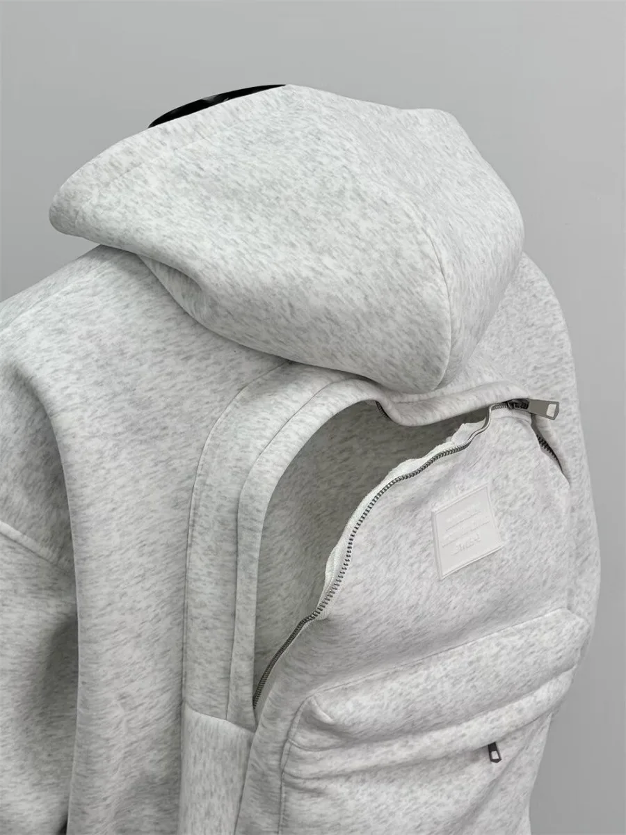 

Men's Solid Color Three-dimensional Backpack Zipper Hoodie Back Schoolbag Design Sense Hooded Cardigan Coat