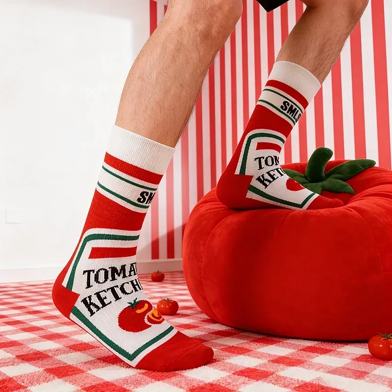 1 Pair Funny Food Themed Men's Socks - Ketchup Package Print Mid-calf Socks, Stylish Versatile Casual Socks