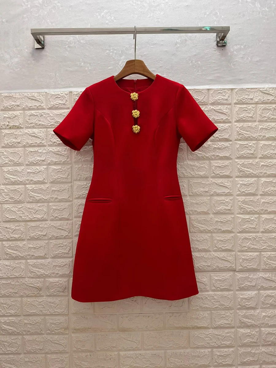 GALCAUR-vestido minimalista liso con botones empalmados para mujer, cuello redondo, manga corta, suelto, suave, elegante, moda de verano, nuevo