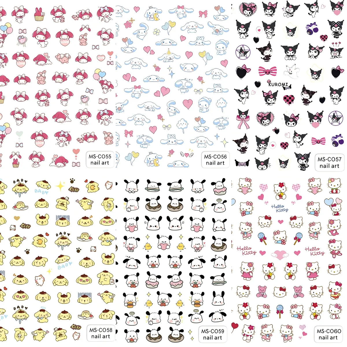 6PCS Sanrio Anime Nail Stickers Cartoon Sanrio Hello Kitty Nail Decoration Decals Cute Kulomi Stickers DlY For Manicure