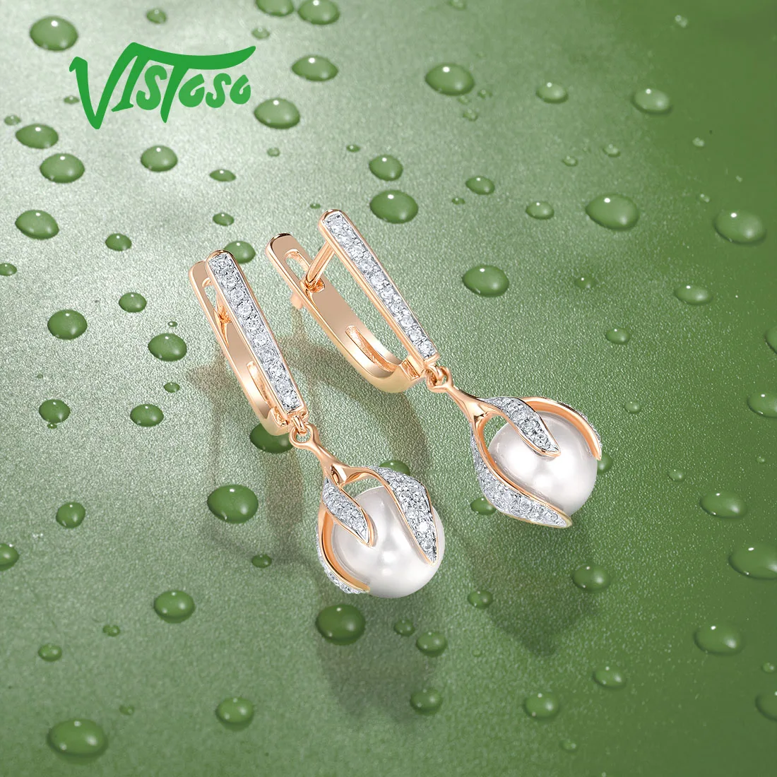 VISTOSO Real 14K 585 Rose Gold Earrings For Women Fresh Water White Pearl Sparkling Diamonds Dangling Party Elegant Fine Jewelry