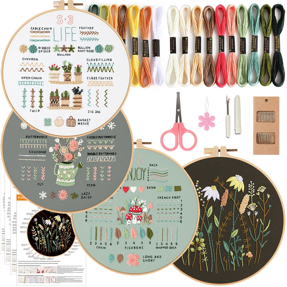 3pcs DIY Embroidery Kit（1pc Plastic+3pcs/4pcs Embroidery Kit) Flower Cross Stitch Set for Beginner Sewing Art Craft Supplies