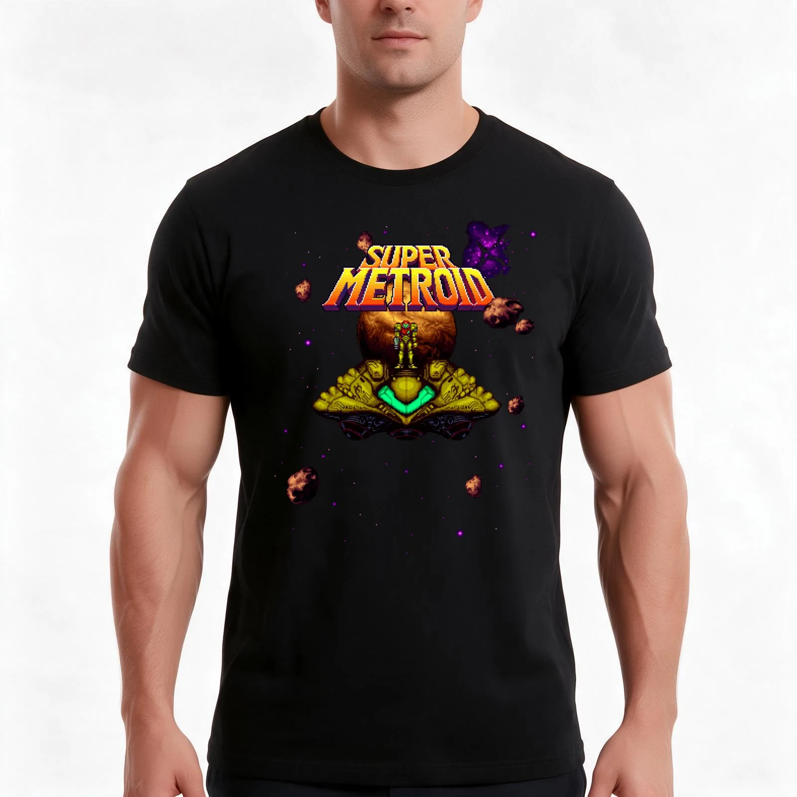 Super Metroid T-Shirt, Summer Casual Cotton Tee, Oversized Streetwear Tops, Vintage Graphic Print, Loose Fit Short Sleeve