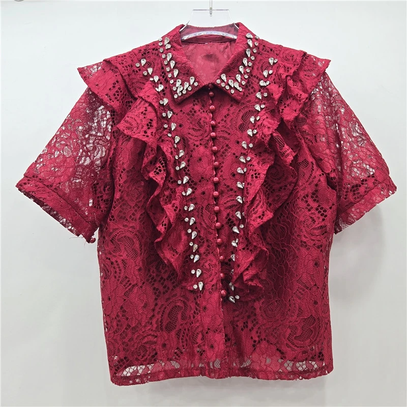 

Винтажная женская блузка с кружевными оборками и вырезами, воротник-стойка, французский стиль, тяжелая промышленная отделка