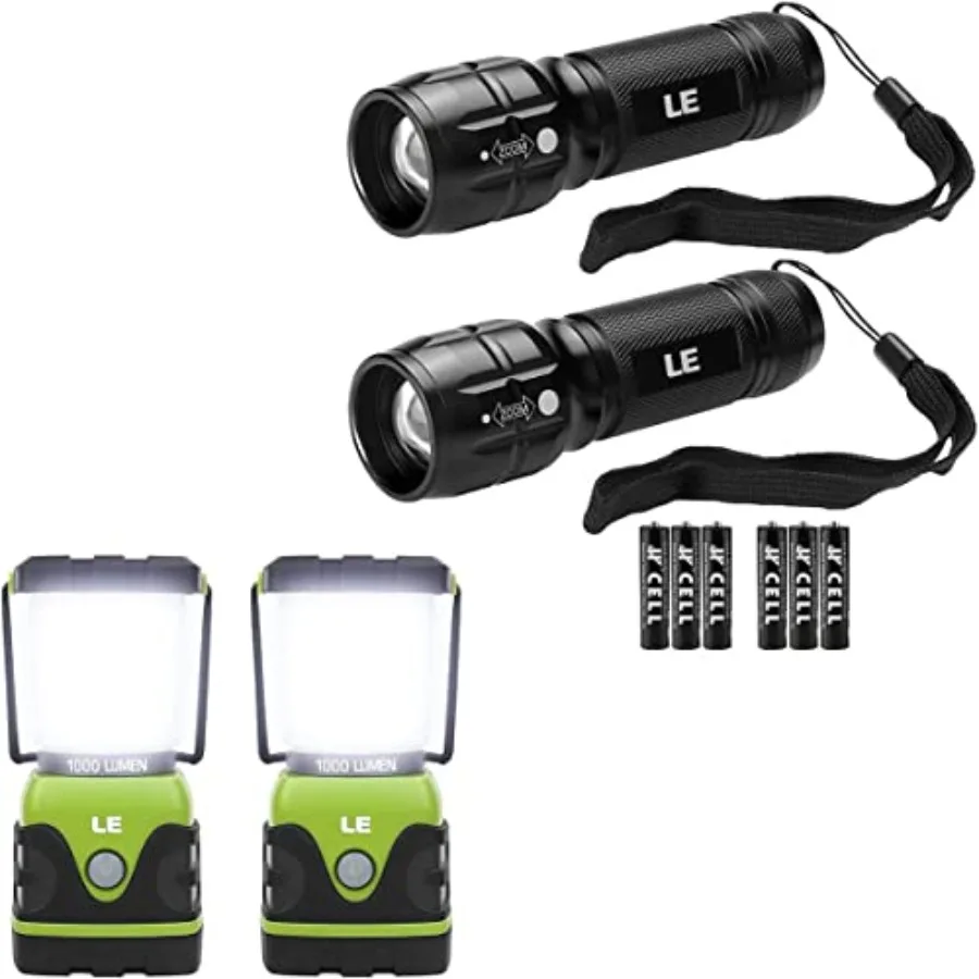 

Camping lantern flashlight bundle: aluminum, black, 1000LM LED light source, portable and battery powered for outdoor use