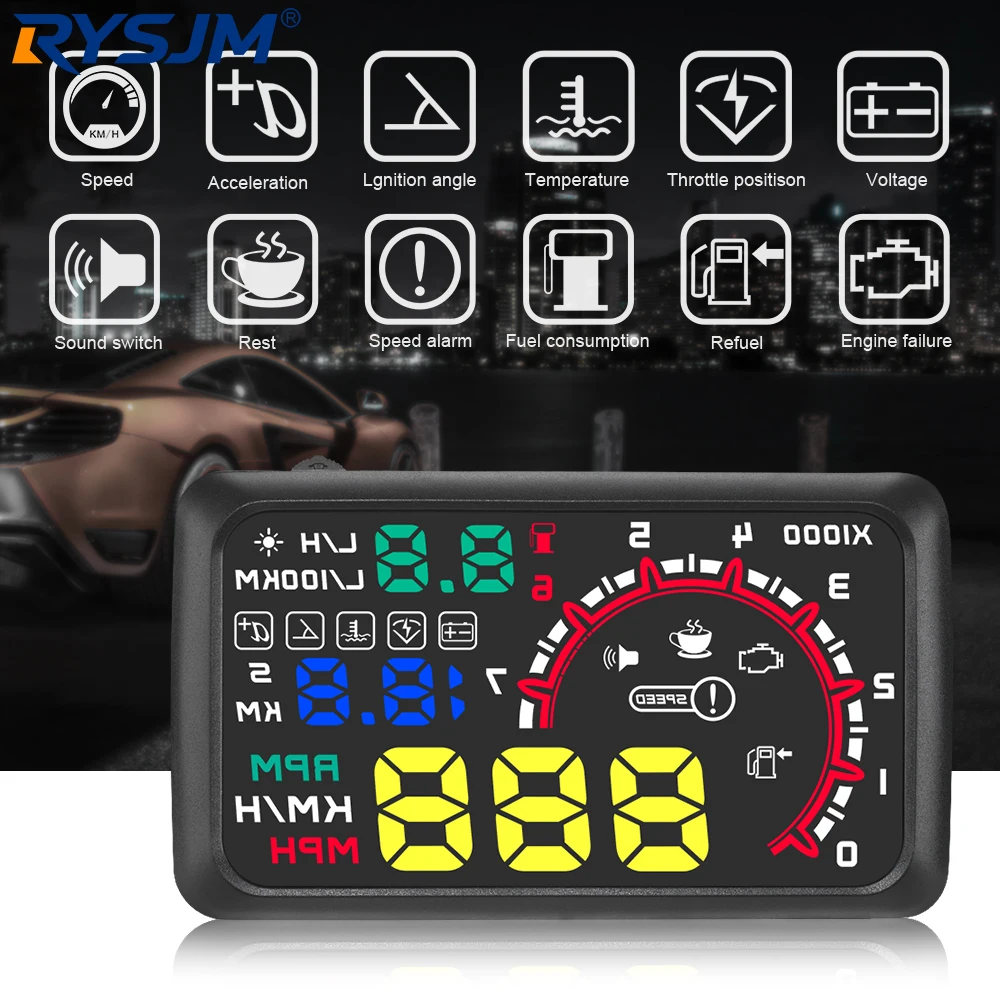 W02 Car HUD OBD2 Head-Up Display Speedometer KMH MPH Voltage Speed Projector RPM Water Temp Fuel Consumption Overspeed Alarm