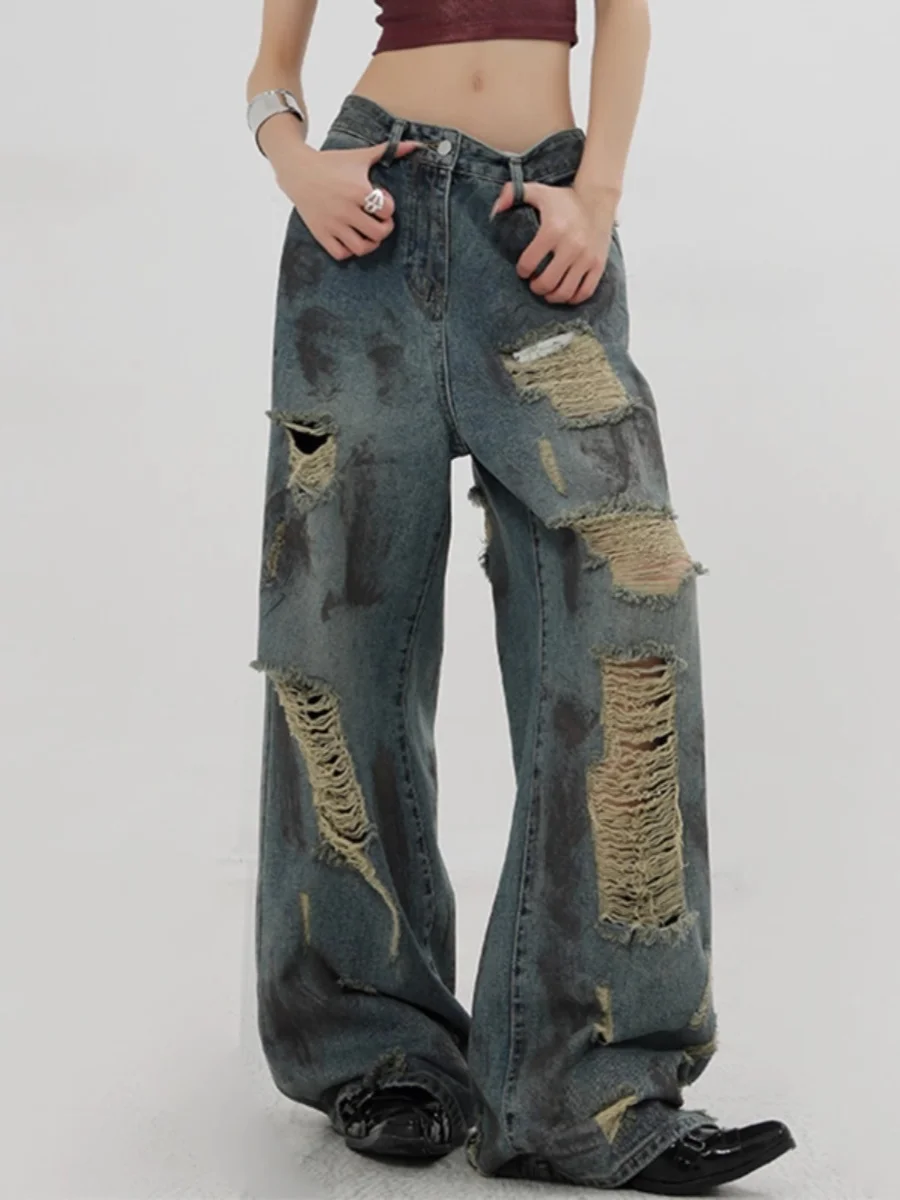 Vaqueros vaqueros Retro americanos con agujeros para hombre y mujer, Vaqueros holgados rectos de pierna ancha, informales, para jóvenes, verano 2024