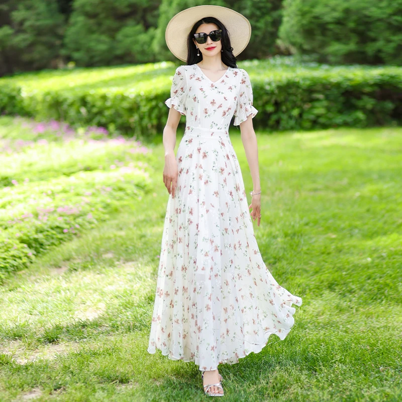 Férias de verão floral renda com decote em v vestido longo jovem emagrecimento elegante vestido novo 2025 praia saia na moda casual maxi vestido