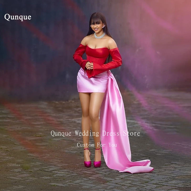 

Qunque Sexy Mini Short Red Pink Prom Party Dress Long Sleeves Off Shoulder Satin Cocktail Dress Vestido Customized Evening Gowns