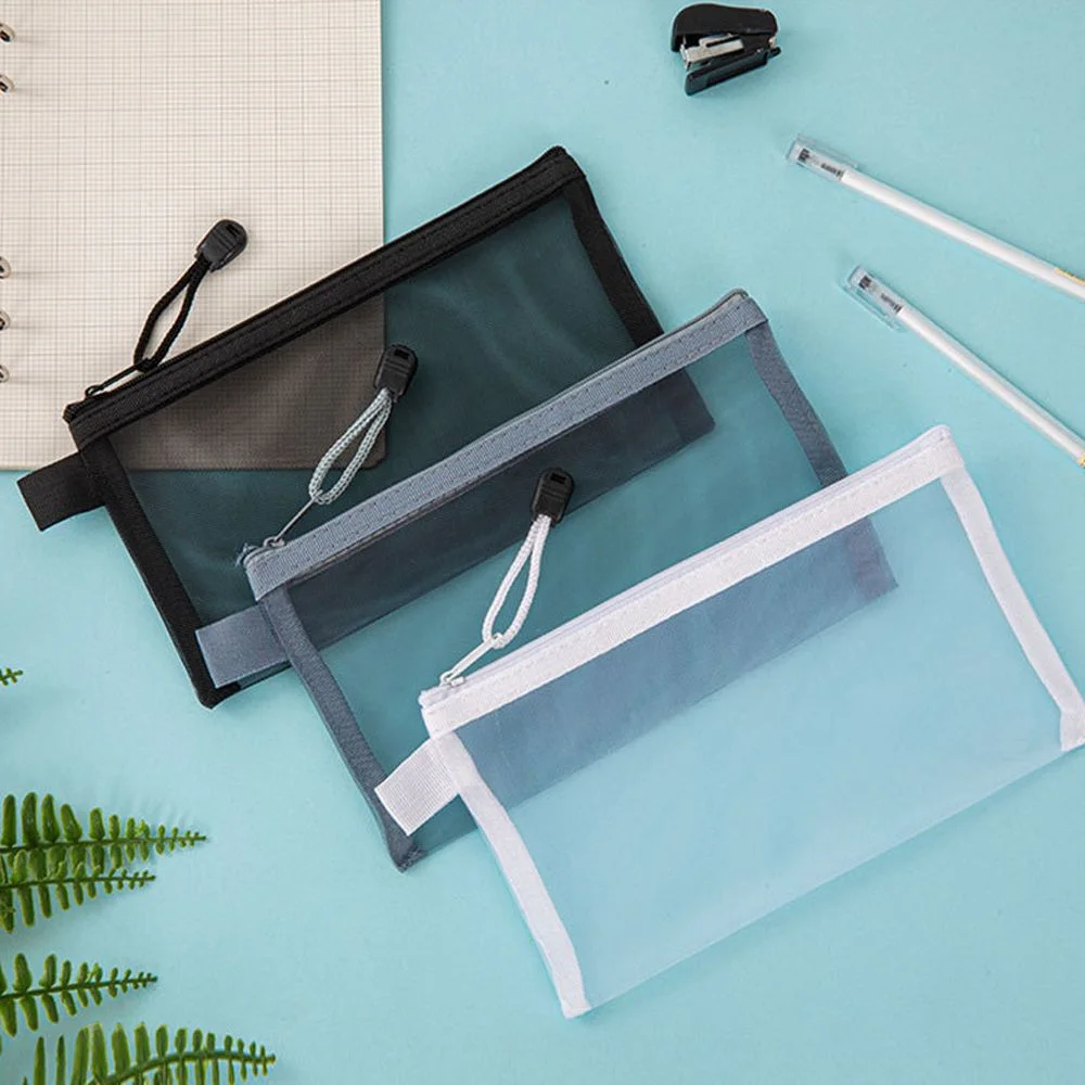 

Nylon Transparent Zipper Pencil Case Solid Color Makeup Pouch Clear Stationery Bag Travel Case Zipper Mesh Cosmetic Storage Bag