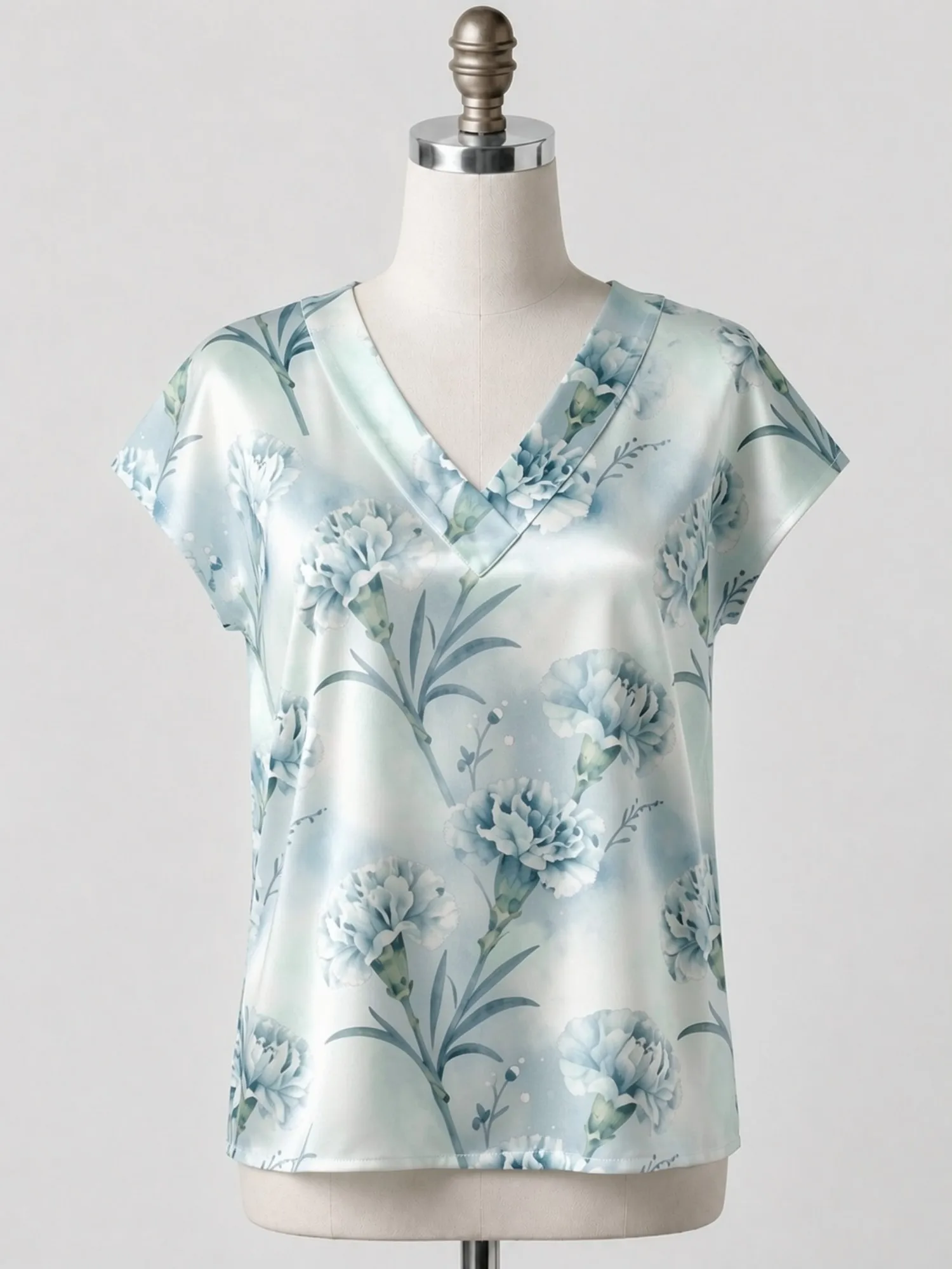 Floral Satin V Neck Top for Women Cap Sleeve Comfort Draped Fit Silky Casual Brunch Weekend Wear Lightweight Breathable Vacation