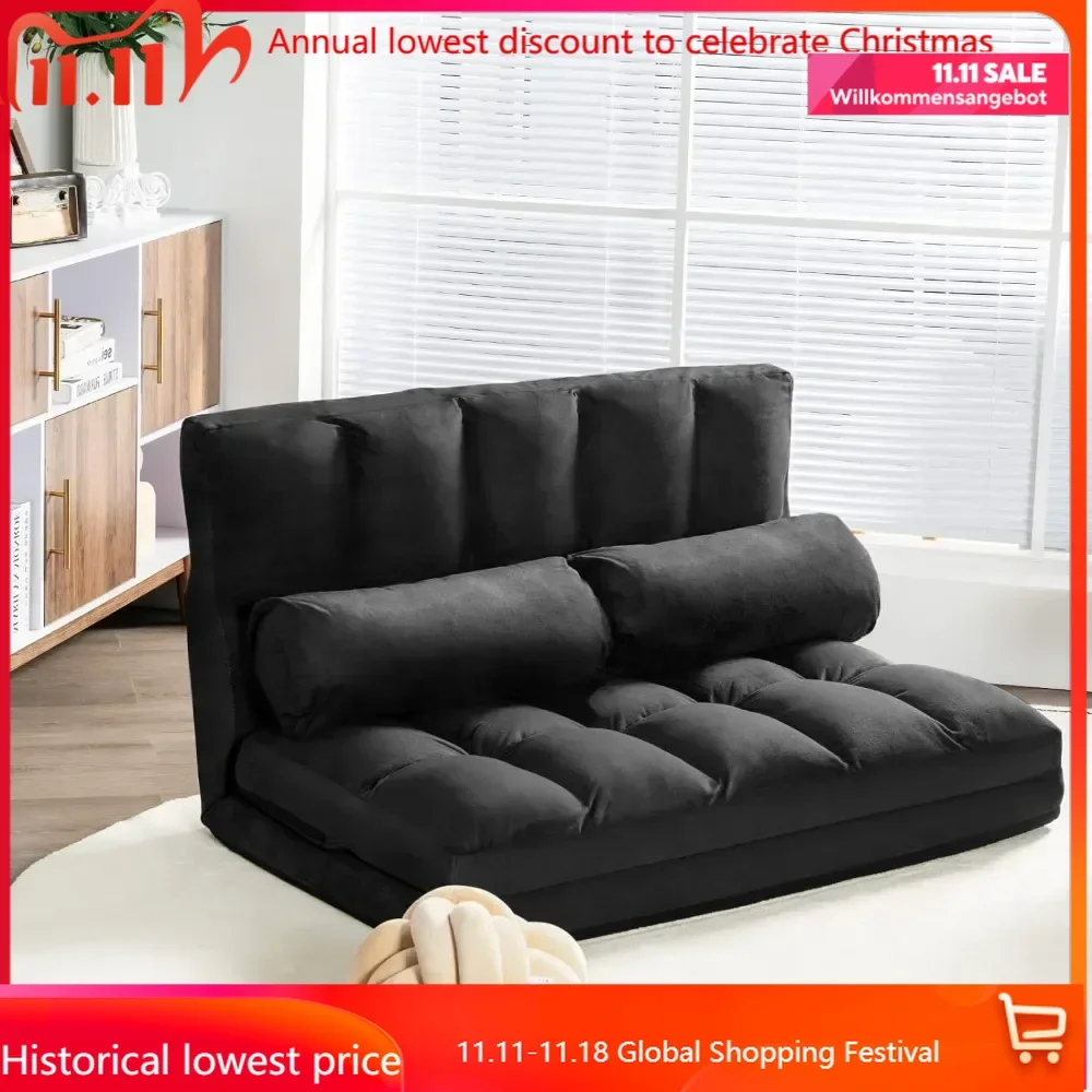 Convertible Futon Sofa Bed, Adjustable Sofa 6-Position Foldable Lazy Sofas with Detachable Cloth Cover, Living Room Furniture