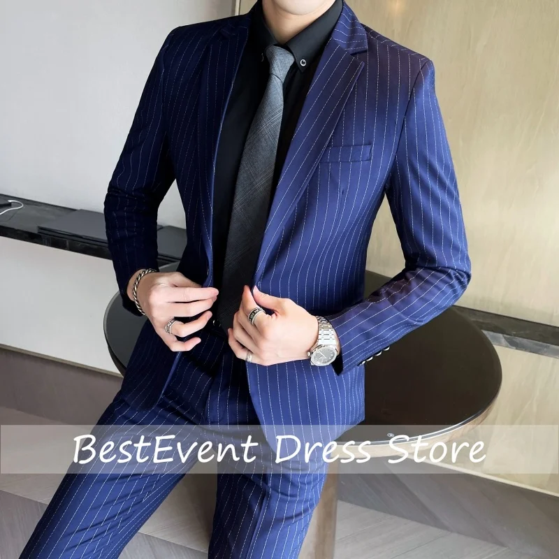 

Men's Fashion High-Quality Slim Fit Two-Piece Suit Set Spring Autumn Stripe Business Casual Trousers And Jacket Combo Customized