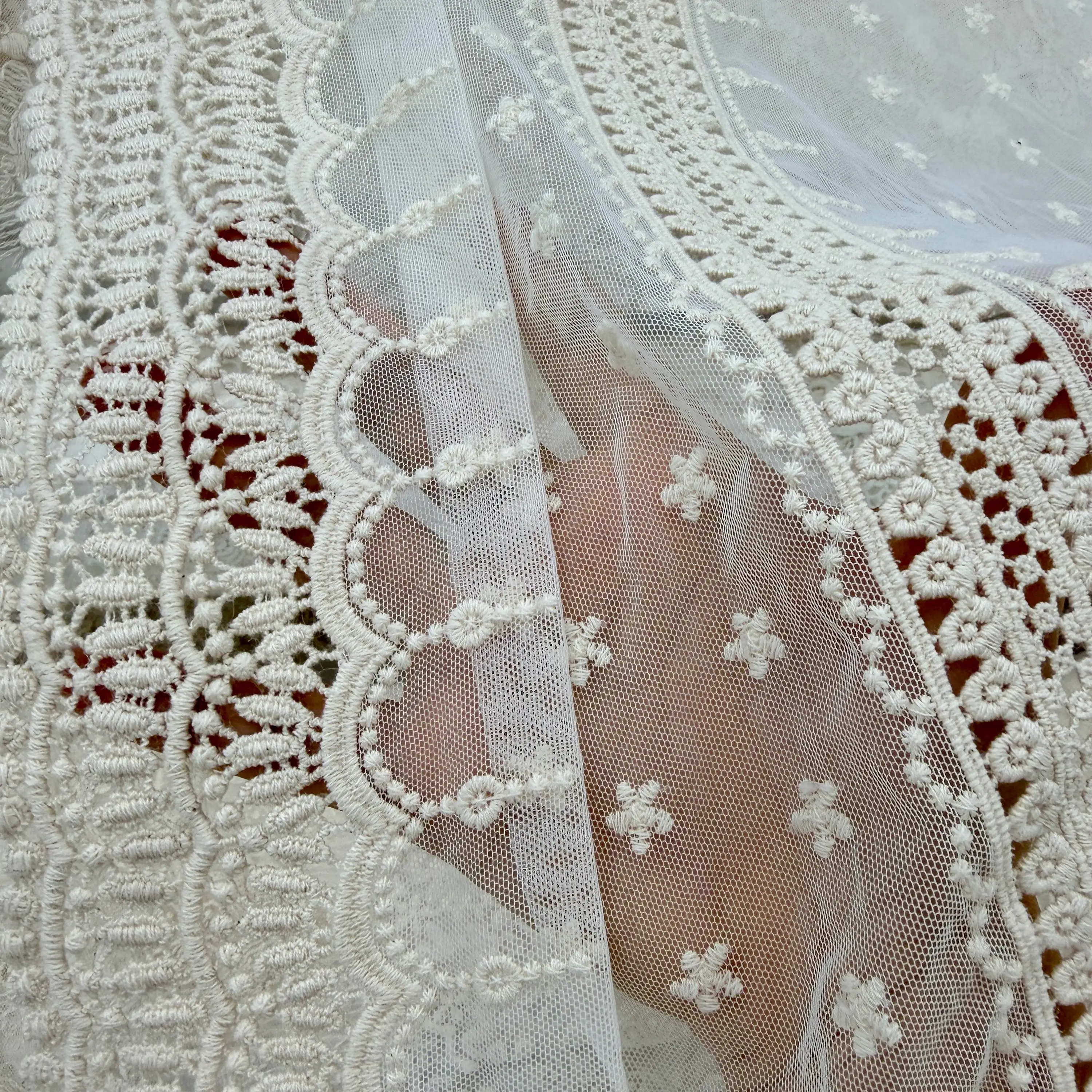 1 Yard Ecru Cotton Crochet  Embroidery Lace Fabric with Scallop Embroider Lace Fabric, Vintage Bridal Gown Fabric
