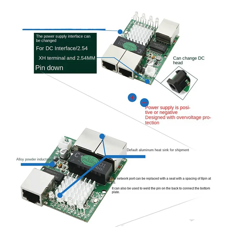 Módulo de interruptor de red de puerto estándar Gigabit RJ45 de tres puertos Min de grado Industrial, divisor de red alimentado de 5V-12V