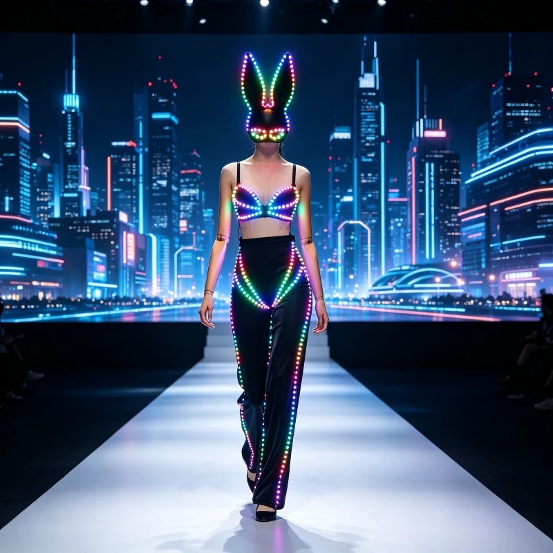 LED Glowing Women Lingerie Set Rave Outfit Gogo Luminous Bra & Panty Bunny Mask Nightclub Stage Halloween Cosplay Costume