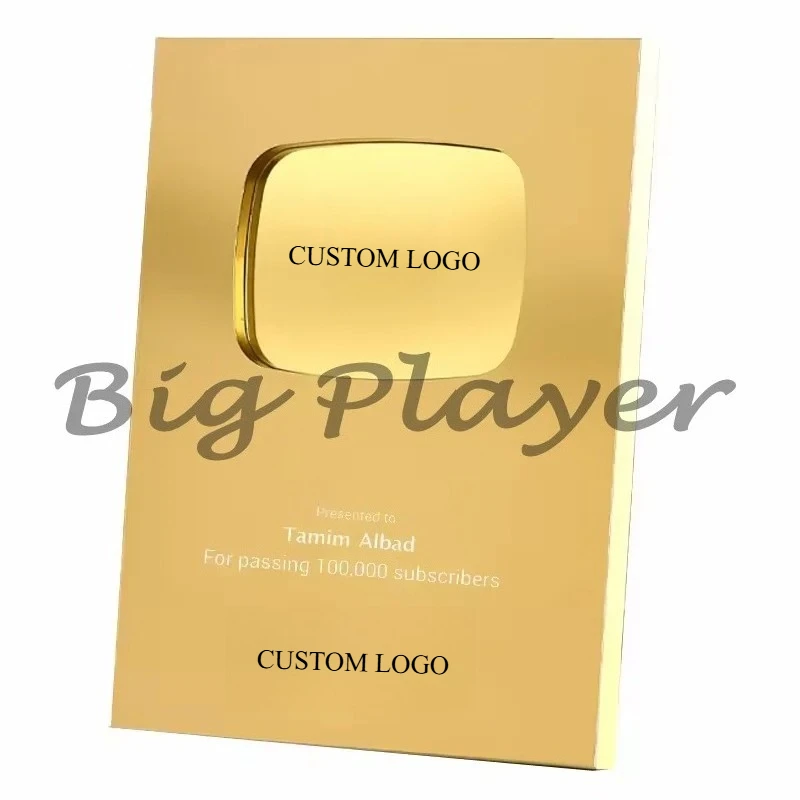 أروع هدية جائزة YouTube، زر تشغيل مخصص، لوحة جائزة معدنية ذهبية فضية