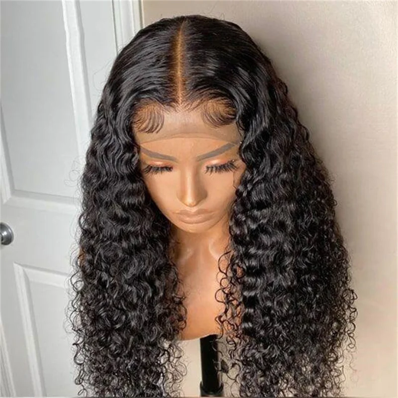 Soft 180Density Preplucked Kinky Curly Long Natural Black 26Inch Deep Lace Front Wig For Women With Baby Hair Glueless Daily