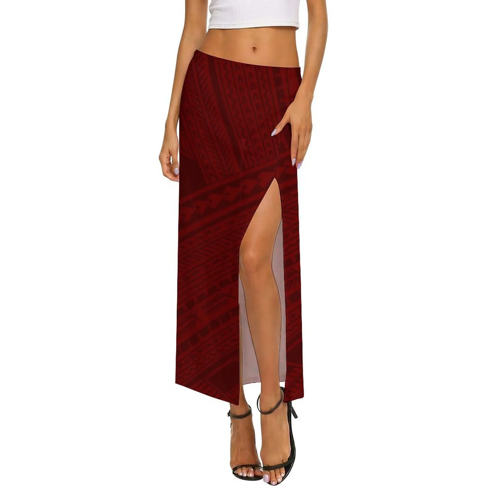 Comfortable And Soft Fabric Custom-Made Tribal Design Polynesian Women'S Summer Transparent Net-Sheer Slit Blouse And Skirt