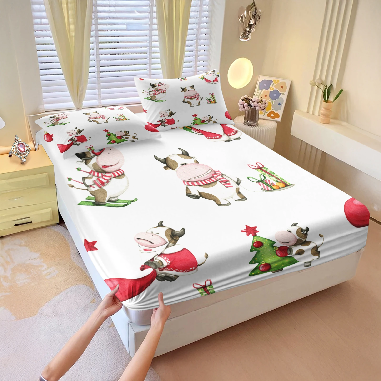 3Pcs Watercolor Christmas Cow & Gift Fitted Sheet Set, White w/ Skiing Cows, Cute Holiday Bedding