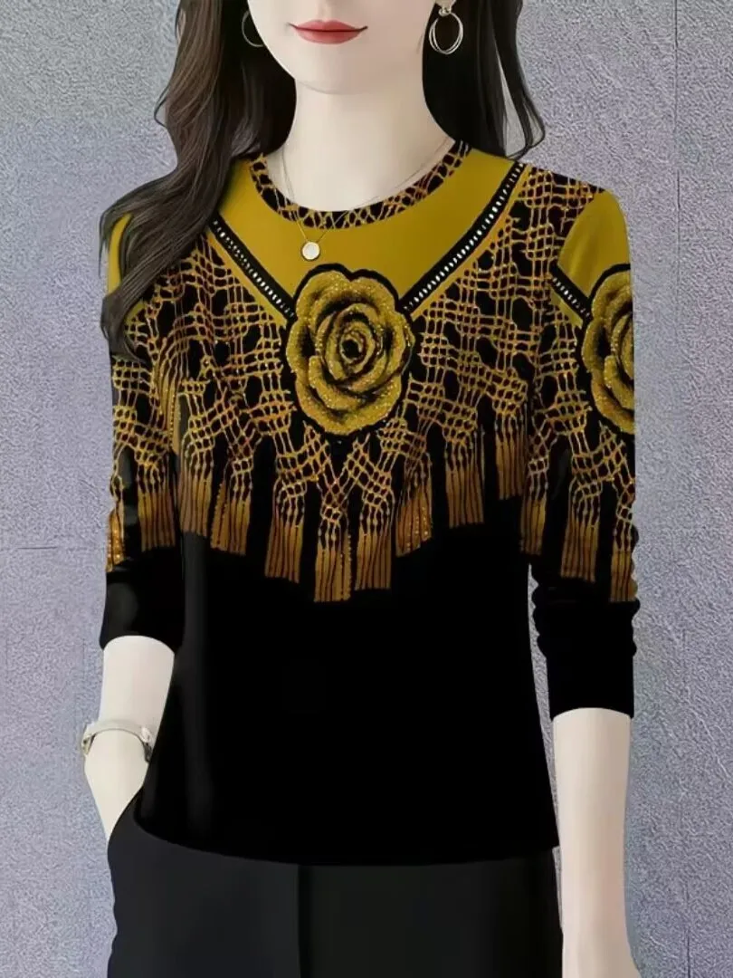 Fashionable Long Sleeve Printed Base Layer Top Autumn Winter New Style 2025 Cover Belly Retro Trendy Small Shirt Ladies T-shirt