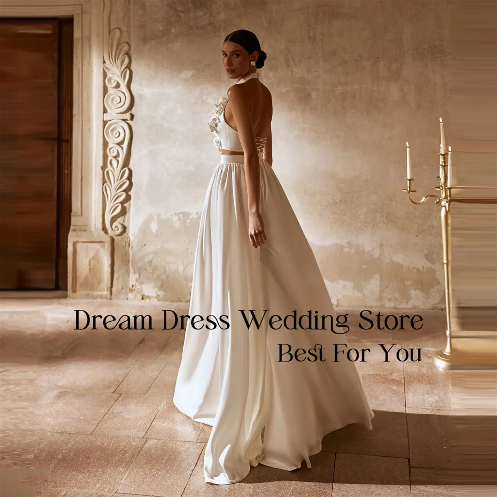 DREAM Two-Pieces Flowers A-Line Wedding Dress Women 2025 Halter Open Back Lace-up Pleat Bridal Gown Vestido De Noiva Customized