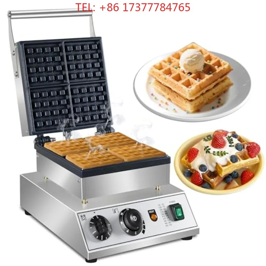 Commercial  Square Waffle Maker with Non-Stick Teflon-Coated Baking Pan and Stainless Steel Body Adjustable Temperature
