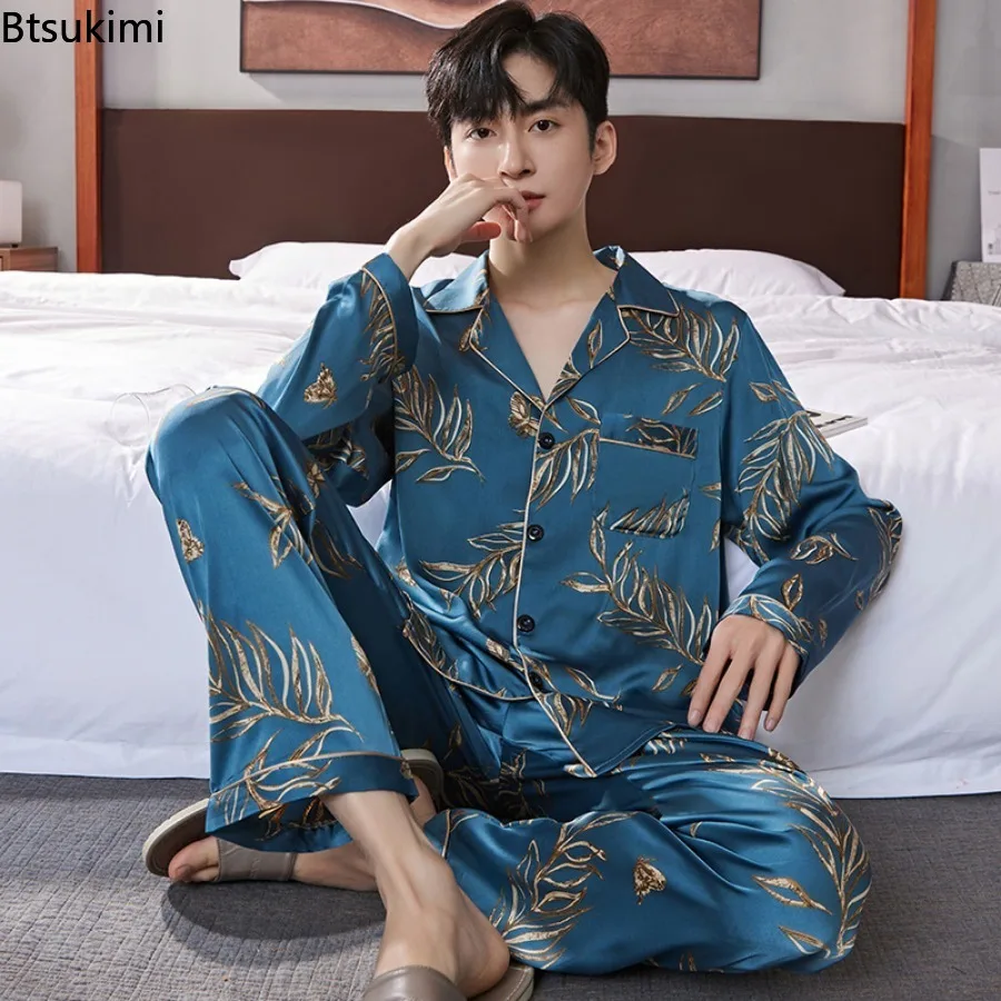 Spring New Men\'s Ice Silk Pajamas Sets Lapel Long Sleeve Jacquard Cardigan+Pants Homewear Suit Men Loose Casual Satin Sleepwear