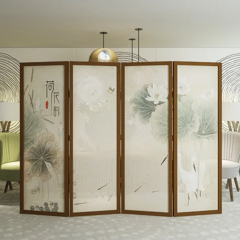 New Chinese solid wood screen partition living room hotel bedroom dining room office semi-transparent lotus entrance folding fol