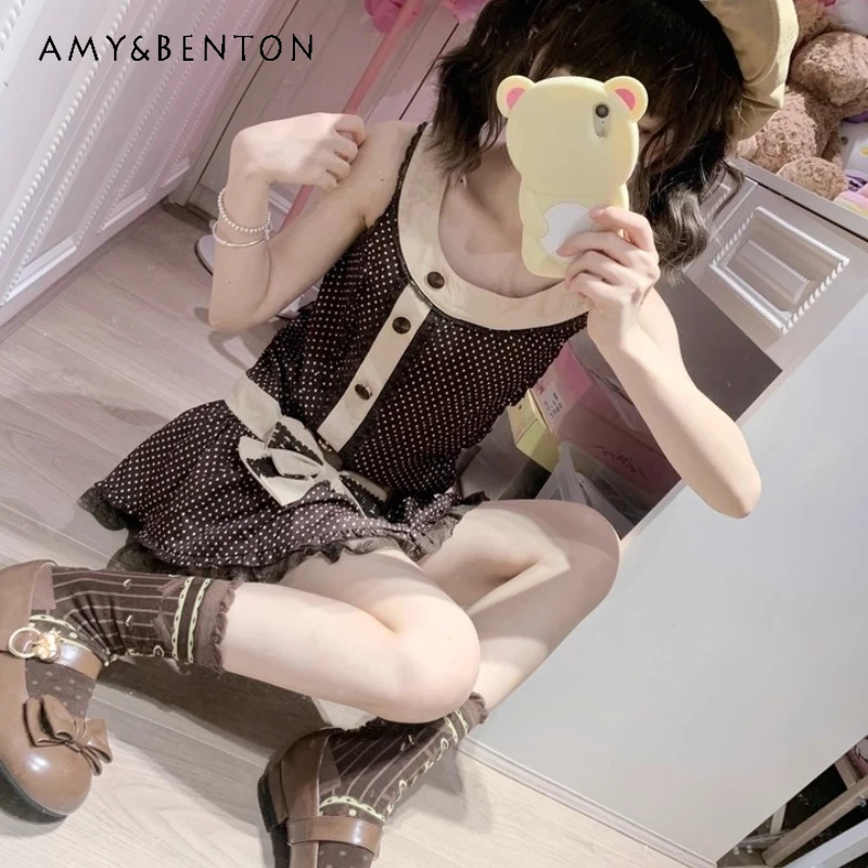 

2025 Summer New Design Polka Dot Splicing Bow Sleeveless Women's Vest Dress Japanese Brown Sweet Cool Cute Short Dresses Ladies