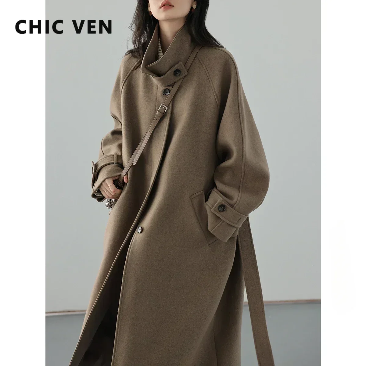 CHIC VEN Women's Long Trencn Coat Standing Belt Lace Up Woolen Coat Raglan Sleeves Long Overcoat Office Lady Autumn Winter 2024