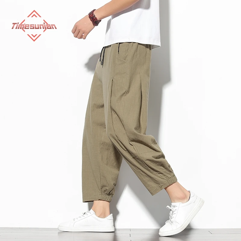 

Japanese Loose Men's Cotton Linen Pants Male Summer New Breathable Solid Color Linen Cropped Pants Fitness Streetwear