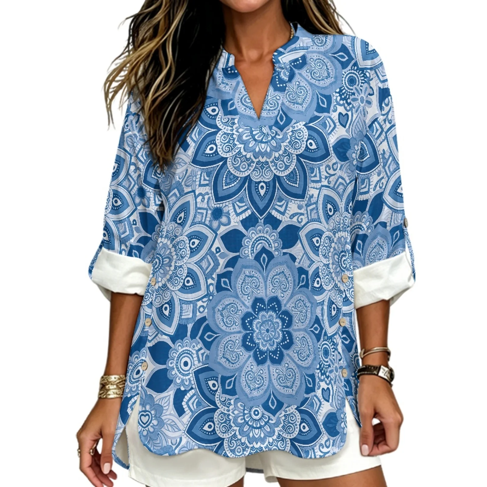 PENSTROLL Blue Mandala Linen Style V Neck Blouses Stylish Long Sleeve Blouses for Spring Sizes S-5XL