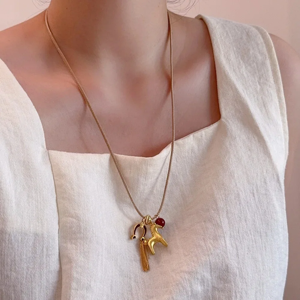 

Tassel Pony Pendant Necklace Handmade Waxed Cord Unique Artistic Design Lightweight Choker Sweater Chain Premium Gift