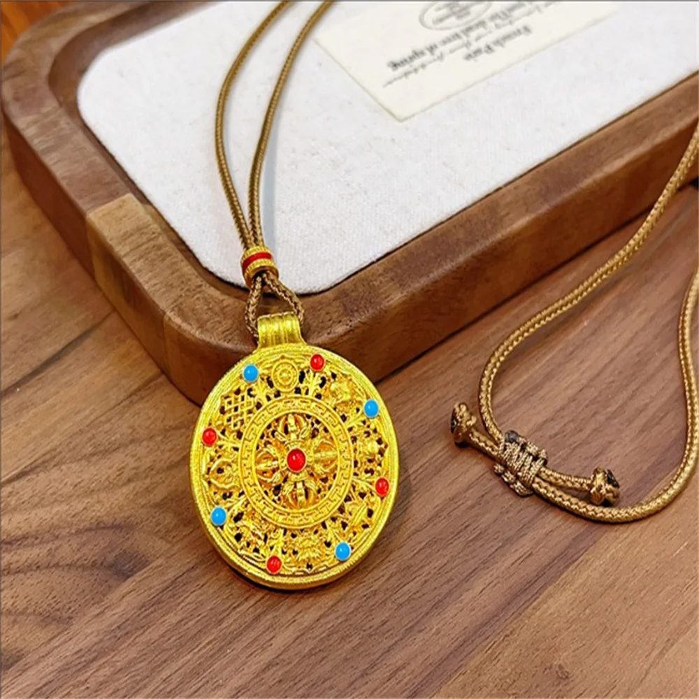 Sand gold hollowed out enamel colored diamond pestle, eight treasure compass pendant, lucky and auspicious necklace