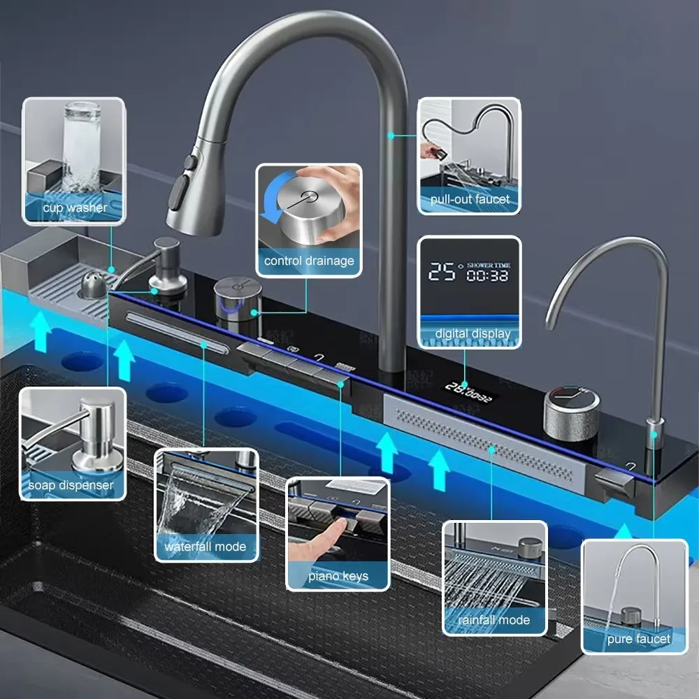 Большая сотовая раковина 80x45 см, кухонная раковина из нержавеющей стали с водопадом, негабаритная раковина для мытья посуды с одним слотом и цифровым дисплеем