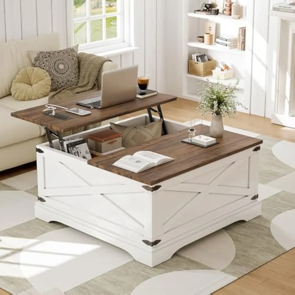 

Lift Top Coffee Table with Storage, Square Coffee Table for Living Room with Charging Ports, Farmhouse Dining Table with Large H