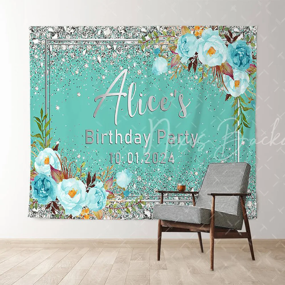 

Персонализированный фон для дня рождения с зелеными цветами и бриллиантами для женщин, блестящий фон для фотосъемки, декор для студии